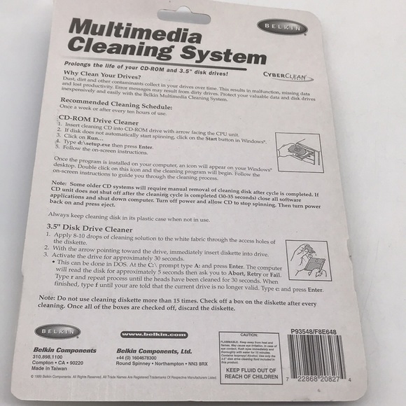 Belkin Multimedia Cleaning System CD-Rom & 3.5” Disk Factory Sealed Product - Picture 3 of 7